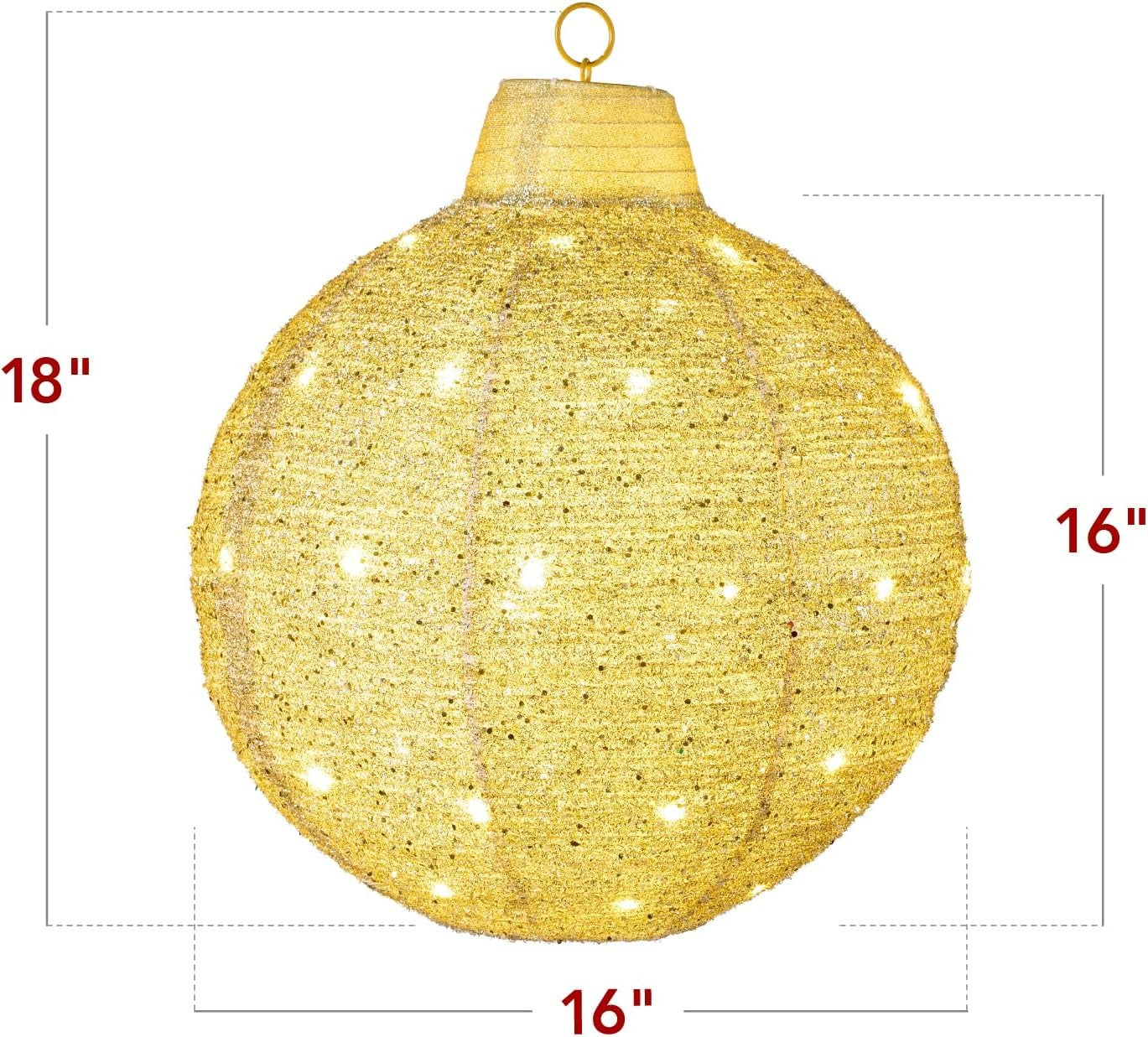 Gold Christmas ball ornament with measurements on a white background